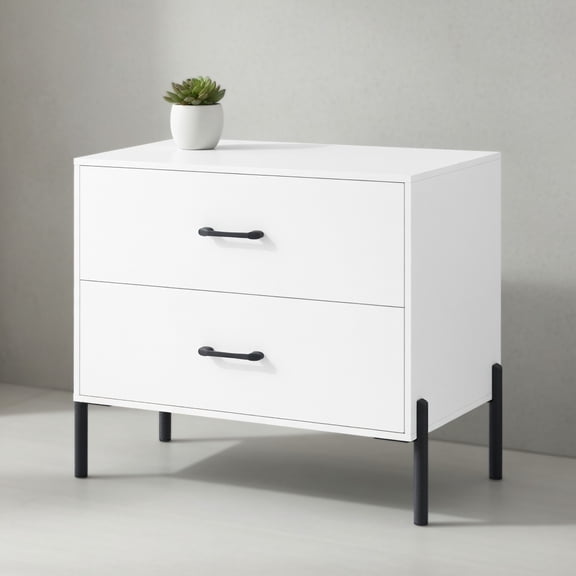 Spaco White Modern Wooden 2-Drawer Bedside Table, Durable Metal Legs & Handles, Space-Saving for Bedroom