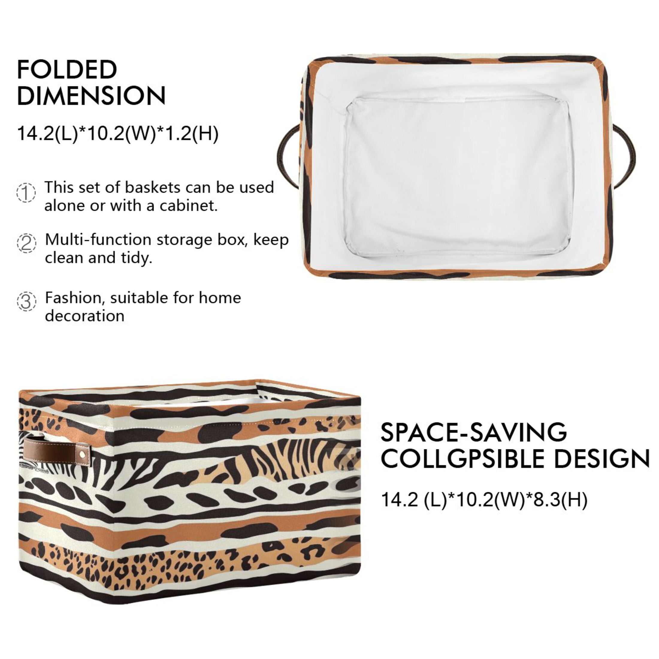 Animal Print Pattern Foldable Storage Basket,Canvas Fabric Foldable Storage Bins with Handles Open Home Storage Bins Boxes for Toy Book Shelf Closet Baskets