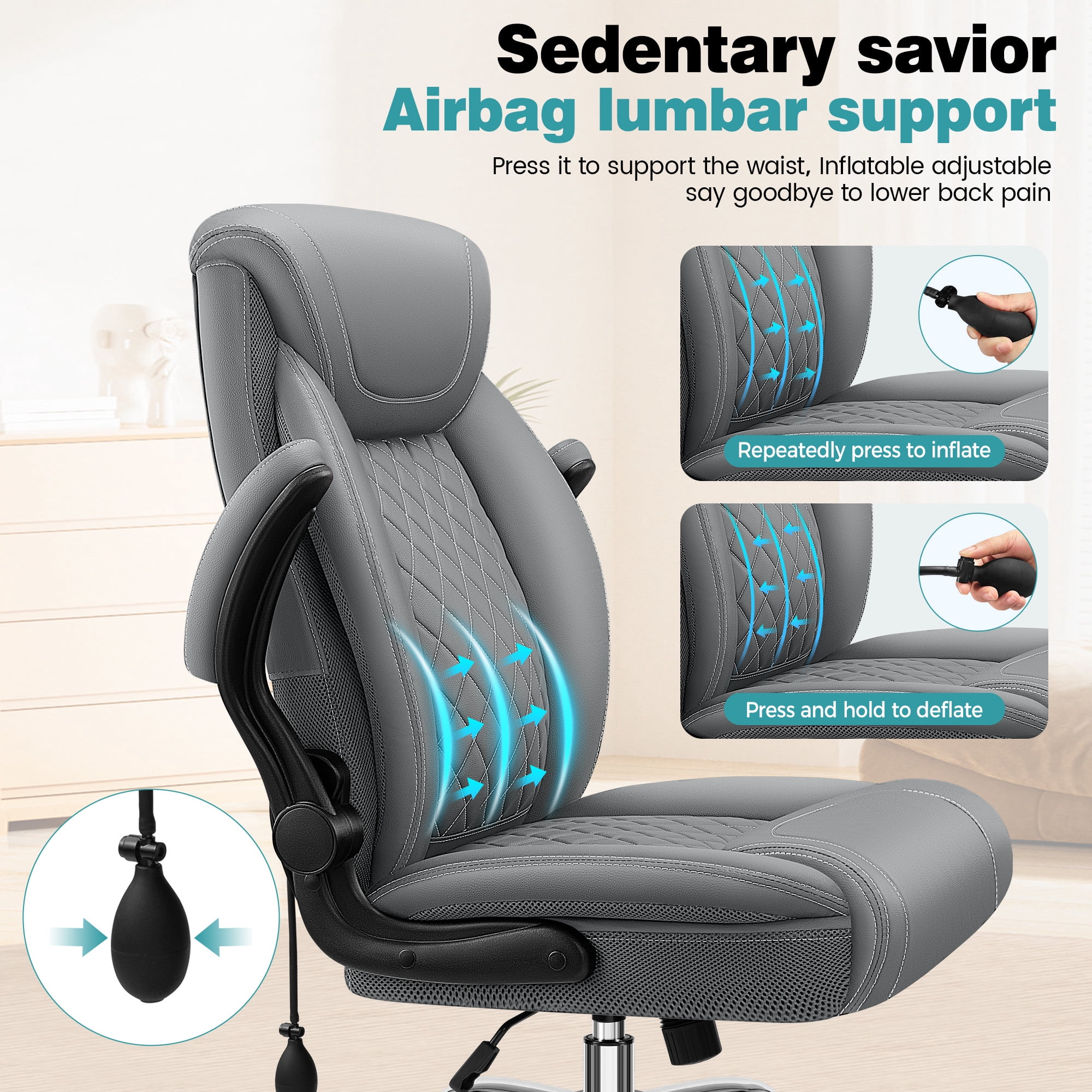 ATHOPE Leather Office Chair, Executive Desk Chairs with Flip-up Padded Armrests, Big and Tall Office Chair with Wheels, Ergonomic Computer Chair with Lumbar Support for Home Office, Gray