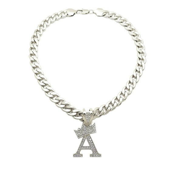 iJewelry2 Kings and Queens Crowned Initial Letter A Crystals Pendant Silver-tone Cuban Linked Chain Necklace
