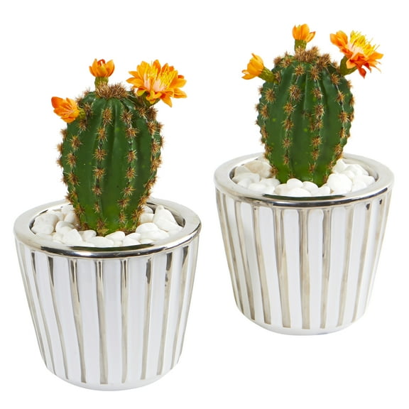 Nearly Natural 8in. Flowering Cactus Artificial Plant in Decorative Planter (Set of 2), Green