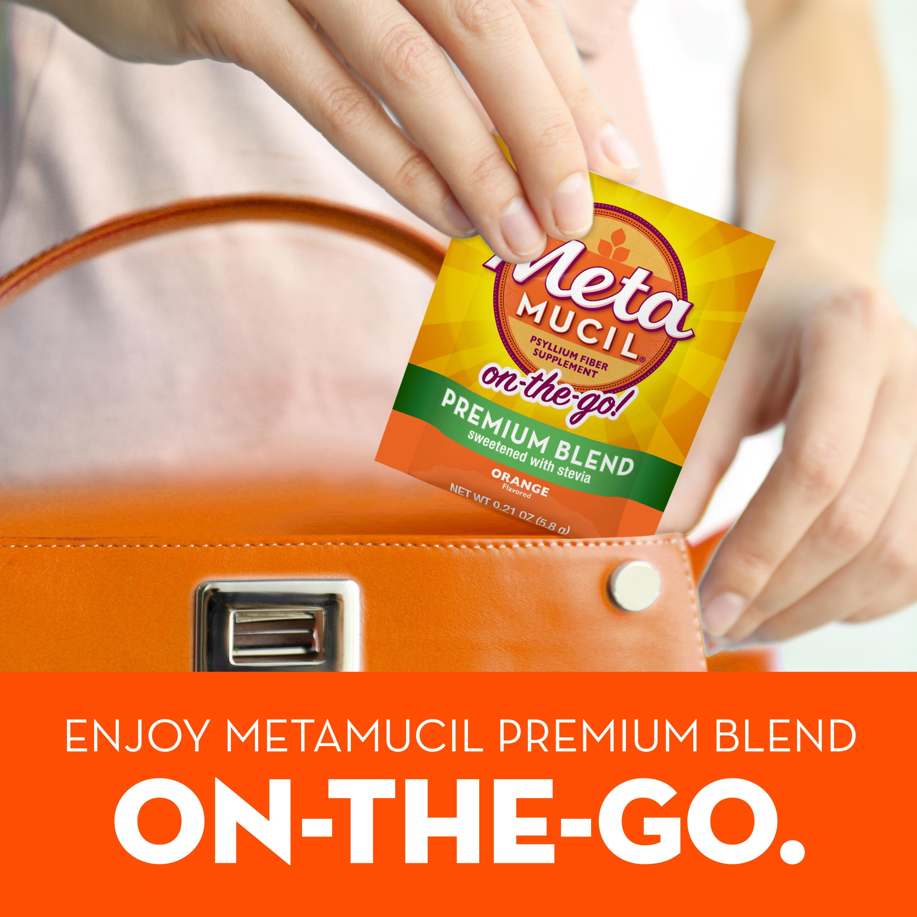 Metamucil On-the-Go, Premium Blend, Psyllium Fiber Powder Supplement, Sugar-Free with Stevia, Orange Flavor, 30 Packets