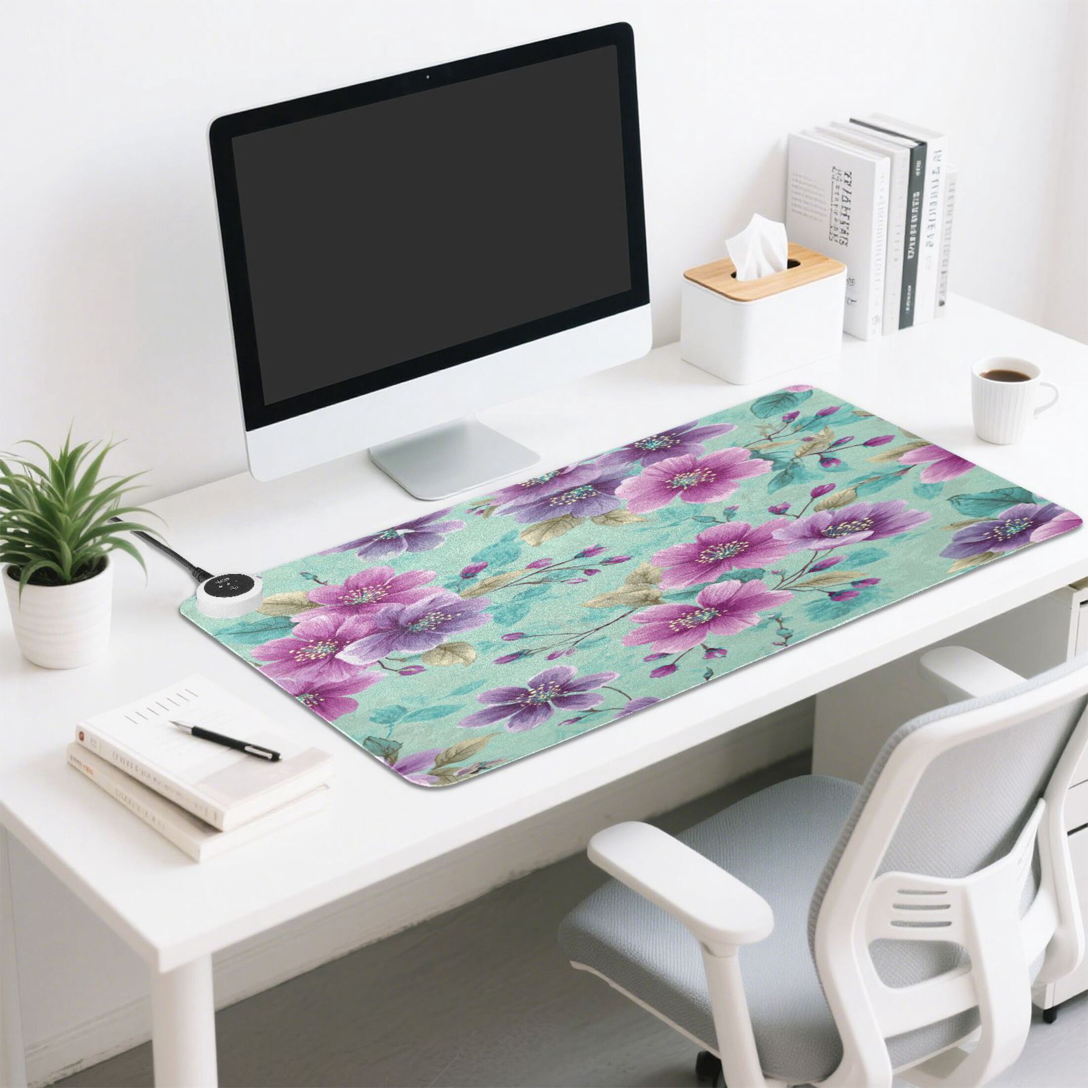 Large Heated Desk Mat Mouse Pad 31.5"x13"PU Leather Graphene Heating Desk Warmer with 3 Temperature Settings 110V US Plug Non-Slip Warm Pad for Home, Office, and Gaming Teal Purple Floral Print