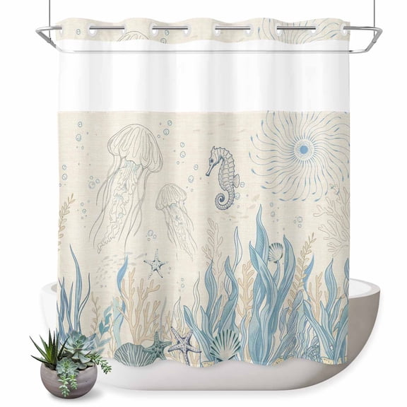 No Hook Shower Curtain, Blue Seahorse Coastal Shower Curtains for Bathroom with See Through Top Window, Summer Beach Nautical Ocean Coral Vintage Waterproof & Washable Bath Curtain Standard 72"x72"
