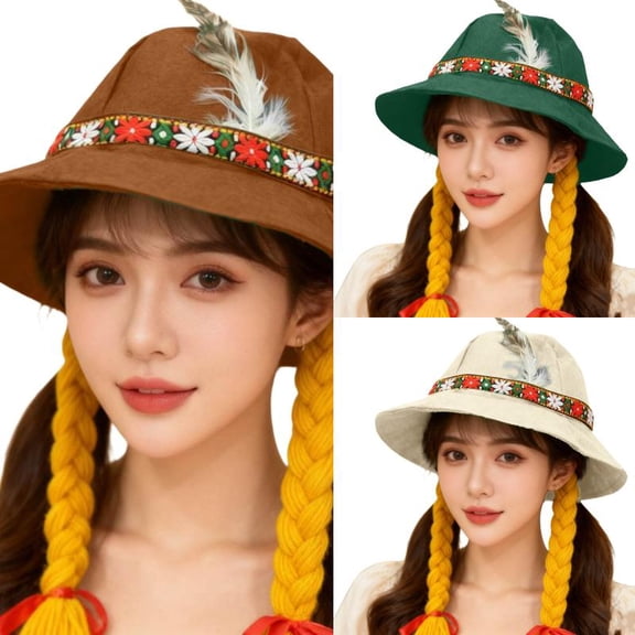 AJGRHE Bavarian Festival Bucket Hat With Braids For Oktoberfest And Party Traditional Accessory Brown One Size