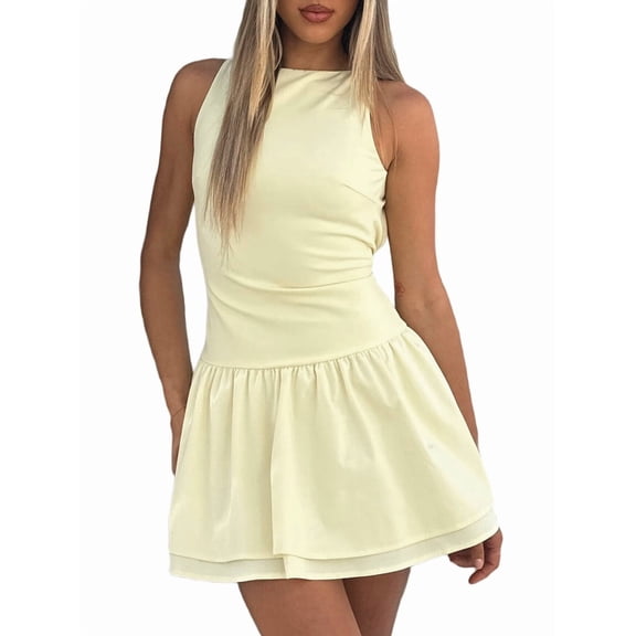 Women'S Bodycon Boat Neck Mini Dresses Sleeveless Ruched Ruffle Hem Club Party Short Dress Yellow M