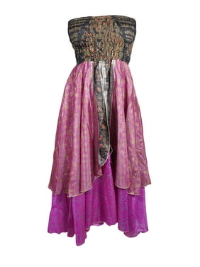 Mogul Women Pink,Black Maxi Skirt Printed Dress Recycled Sari Flared Skirt, Hi Low Dresses, Strapless Dress, Two Layer Skirt S/M