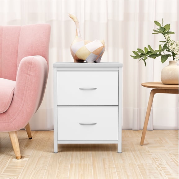 Nightstand, Set of 2 Bedside Table with 2 Storage Drawers, Wooden Top Fabric Cabinet Kids Mini Dresser for Bedroom, Closet, Entryway, College Dorm, White