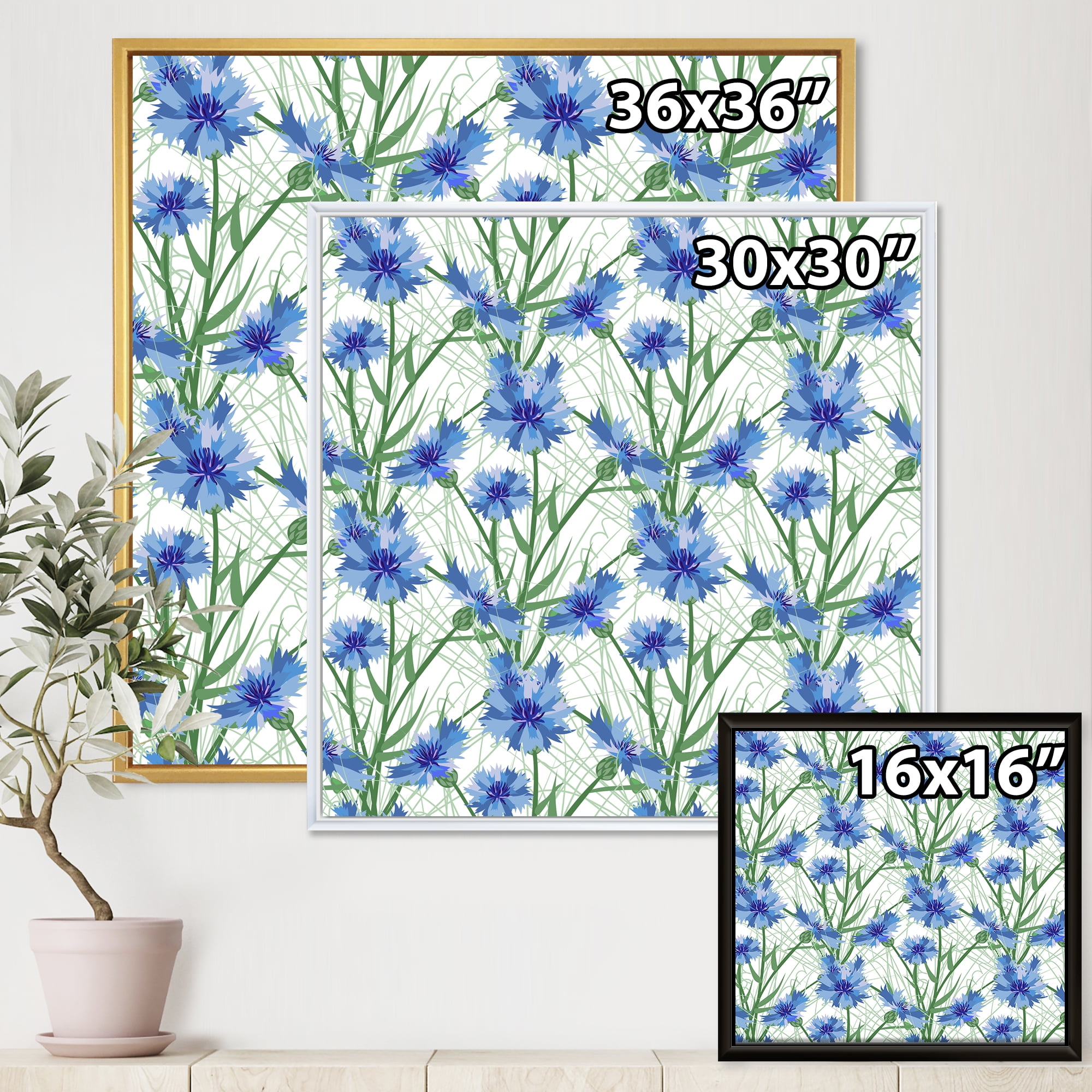 Designart 'Blue Cornflowers With Green Leaves On White I' Traditional Framed Canvas Wall Art Print