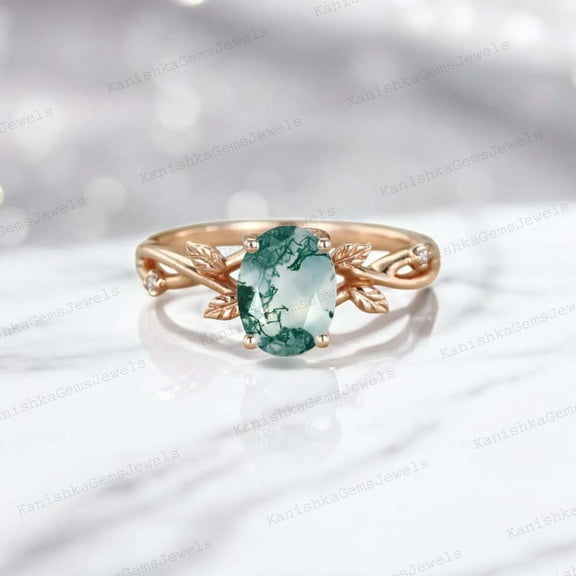 KANISHKAGEMS&JEWELS 8x6MM / 2Ct Natural Moss Agate Engagement Ring CZ Diamond Leaf Twig Ring Nature Inspired Women Jewelry Anniversary Gift For Wife