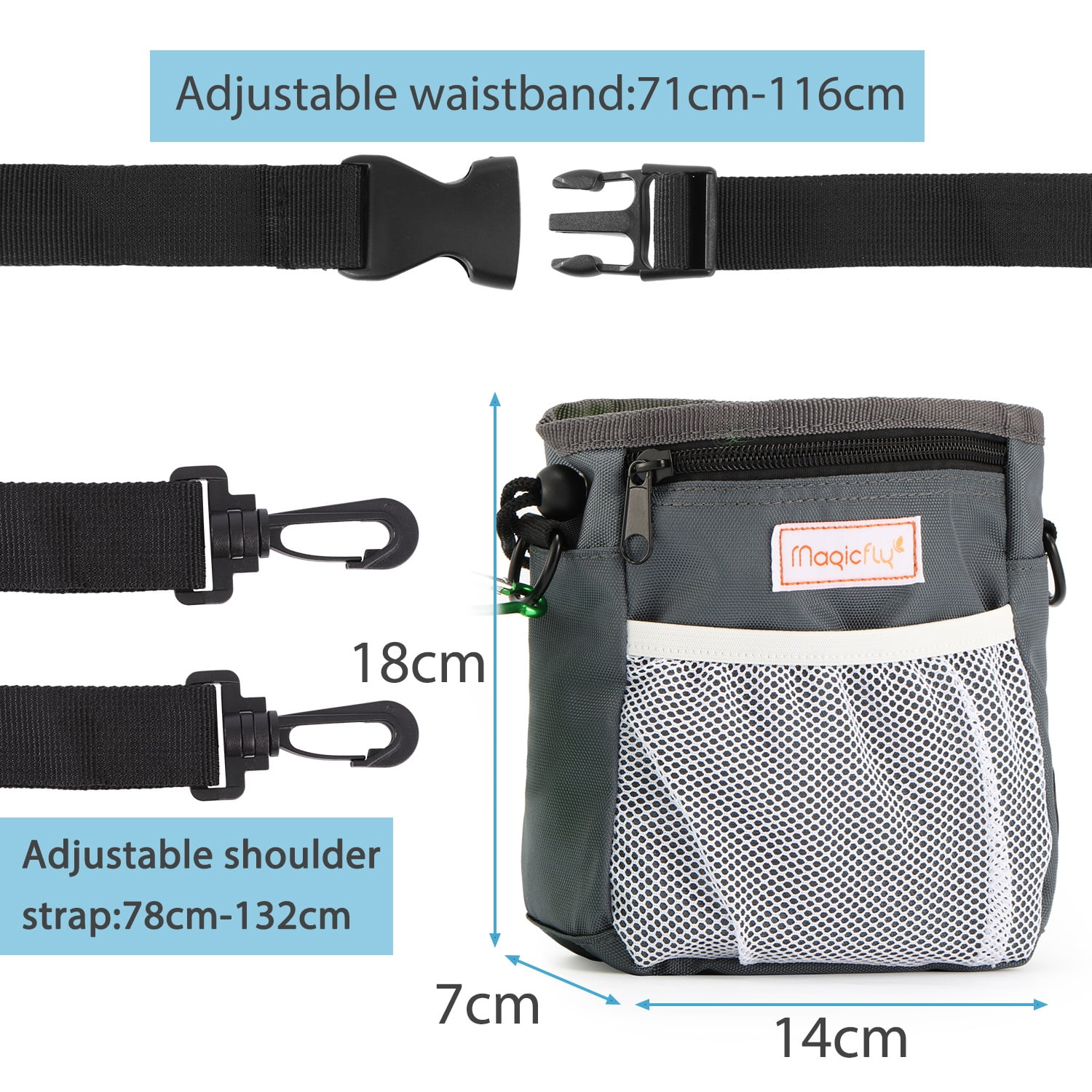 Gray YATG Dog Treat Pouch,Dog Training Pouch with Waterproof Built-in Dog Training Clicker,Adjustable Waist Strap,Dog Training Whistle and Poop Bag for Pet Puppy Doggie Training Walking and More