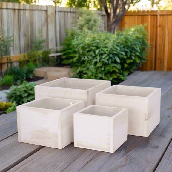 Oryden White Wooden Planter Set of 4, Square Indoor Planter Pots for Home Décor