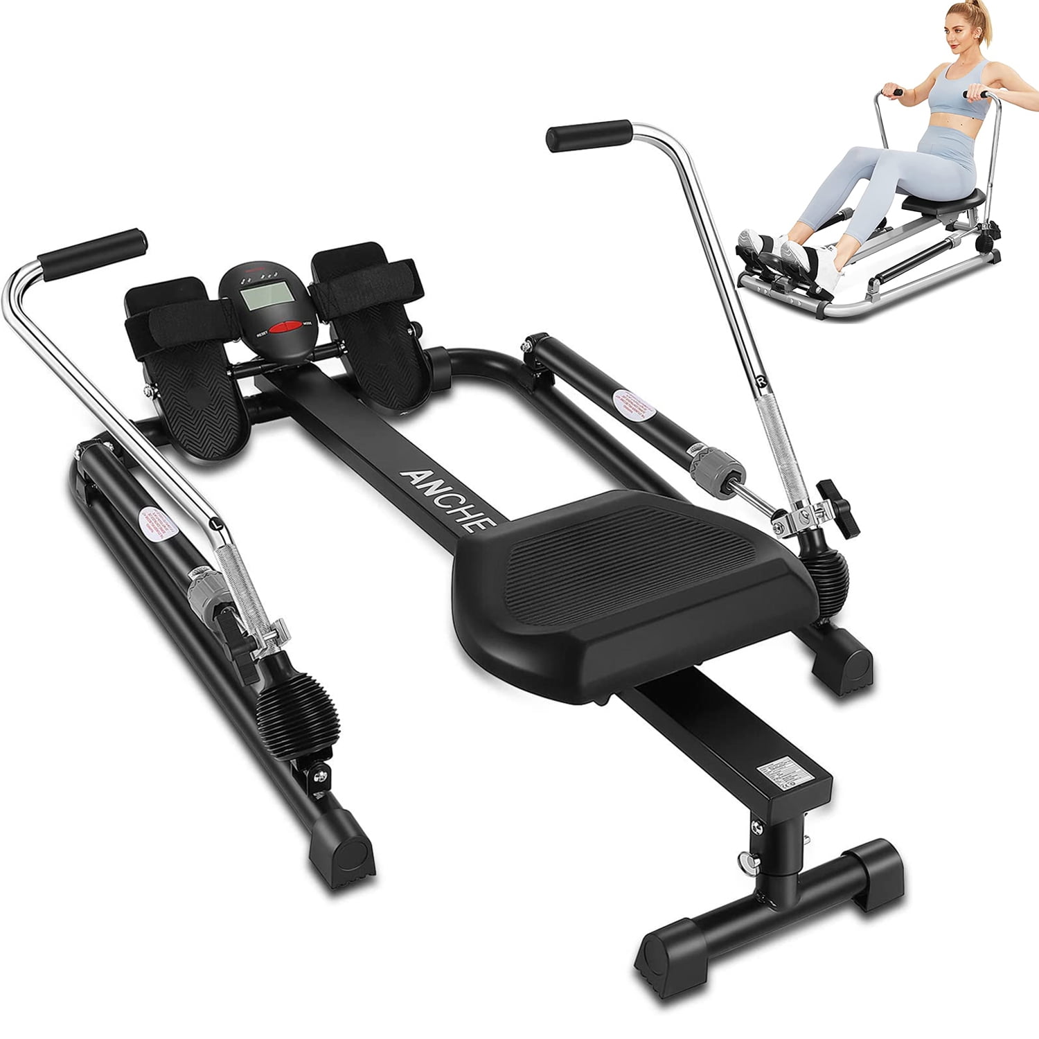Home/Apartment Full Motion Adjustable Rower with 12 Level Resistance & Soft Seat & LCD Monitor & 45 Inch Long Rail for Indoor Cardio Exercise Gray ANCHEER Hydraulic Rowing Machine 