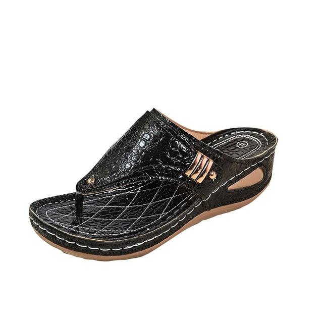 Orthopedic Sandals for Women Wedge Flip Flops Metal Decor Irregular Embossing Beach Summer Slide Sandals Black
