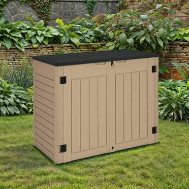 ModFusion Garden Resin Storage Shed, 35 cu ft, 2 Door, Lock, Metal Support Rod, Floor, Deck Box, for Trash Can, Brown