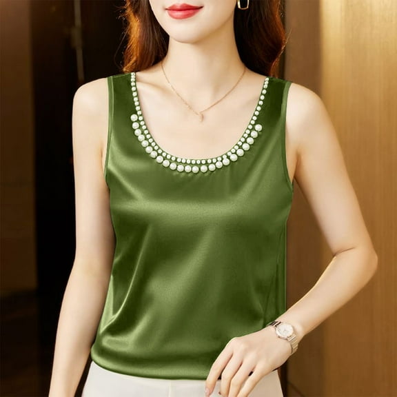 Ovbmpzd Womens Camisole Tank Tops Dressy Satin Green Plus Size Shirts Spring Sleeveless Summer Crew Neck Camisole Casual Tops for Women L