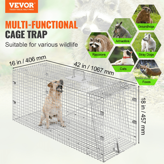 Vevor YBL42YC00000NH9IXV0 42 x 16 x 18 in. Humane Cat Trap Galvanized Iron, Folding Animal Trap with Handle for Stray Dogs, Armadillos & Raccoons