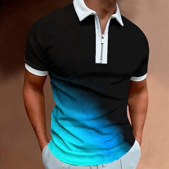 Adult Mens Polo Shirts Short Sleeve Quarter Zipper Tees Shirts Lightweight Blue Men's T-Shirts