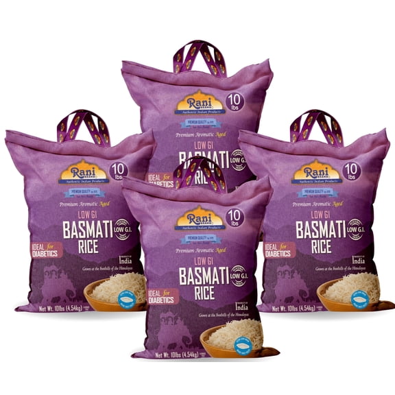 Rani White Basmati Rice Low GI (Glycemic Index) Extra Long Aged, Ideal for Diabetics, 10lbs (160oz) Pack of 4 Cloth Bag ~ All Natural | Gluten Free | Vegan | Indian Origin | Export Quality