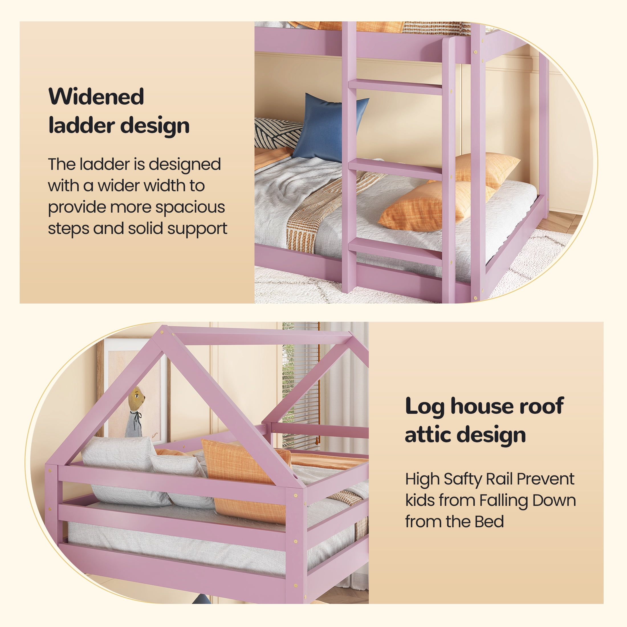 Aukfa Bunk Bed Twin Over Twin, Junior Wooden Floor House Bunk Bed Frame for Kids Boys Girls, Pink