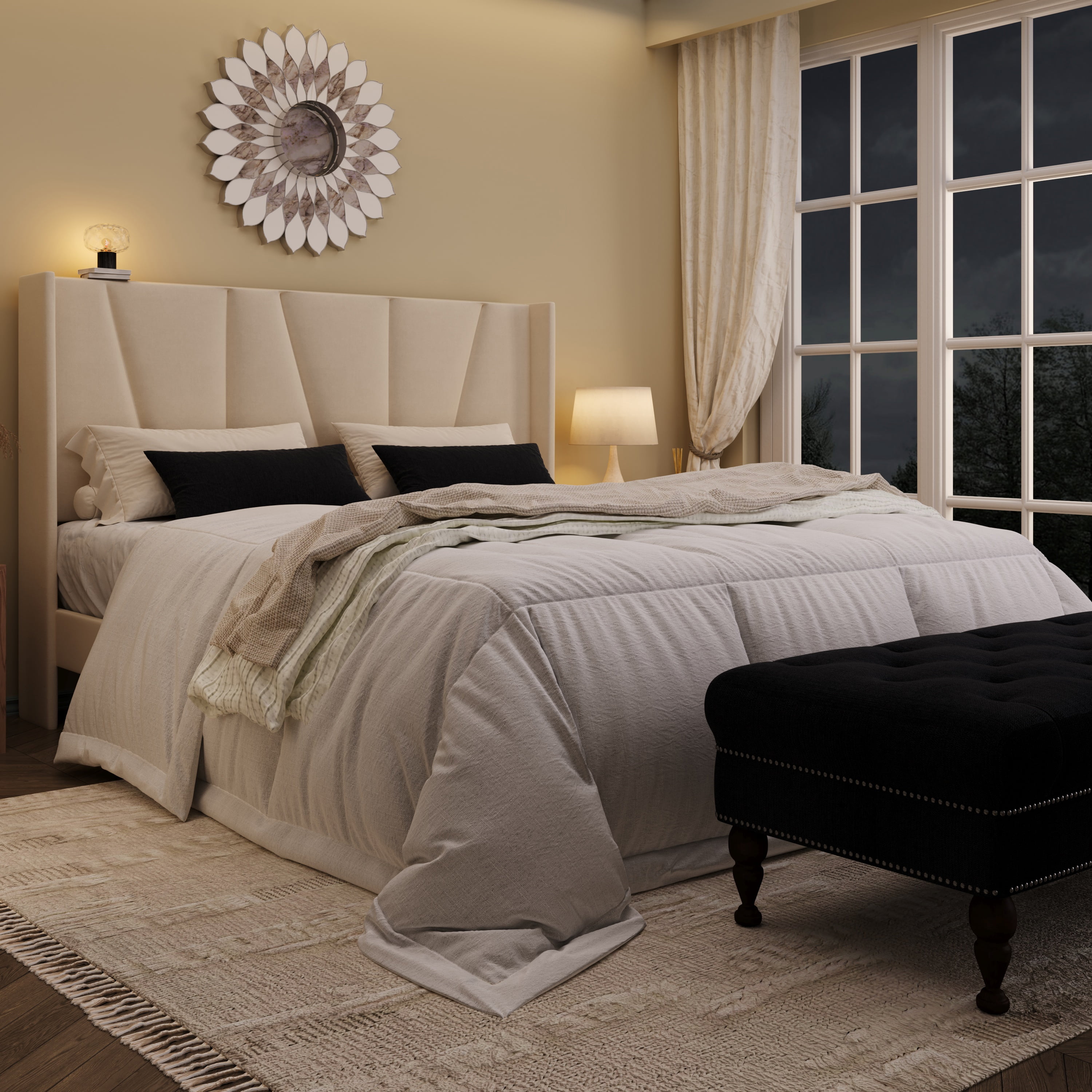 Amolife Full Bed Frame, Upholstered Platform Bed with Wingback and Geometric Headboard, Cream White