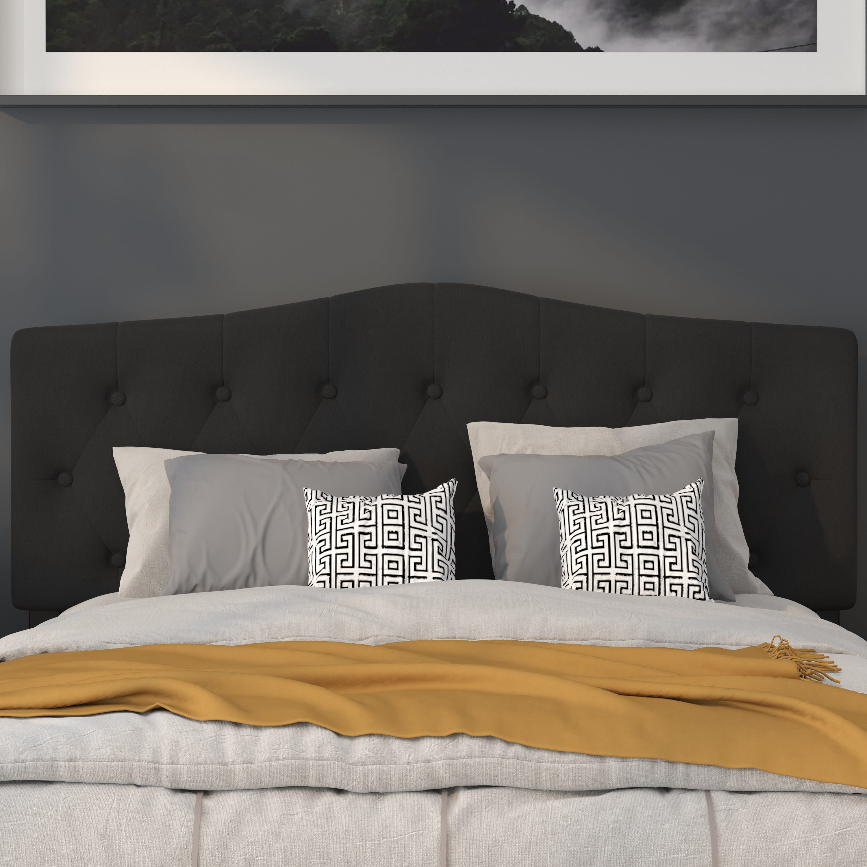 BizChair Arched Button Tufted Upholstered Queen Size Headboard in Black Fabric