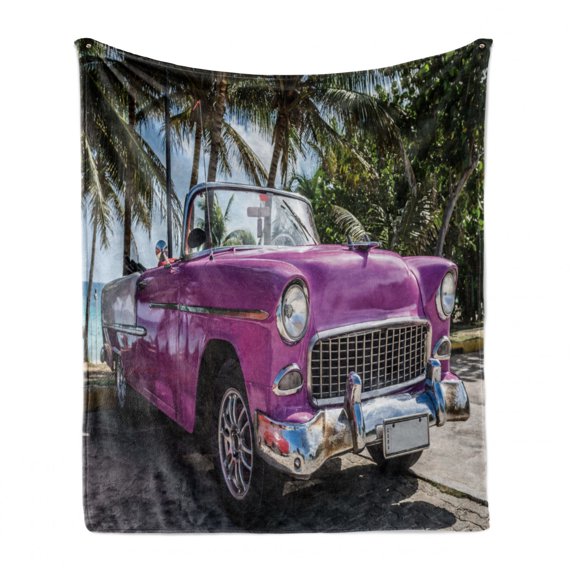 Cars Soft Flannel Fleece Blanket, Classic Colored Cabriolet Car Parked on the Beach in Cuba Seaside Exotic Trees Print, Cozy Plush for Indoor and Outdoor Use, 70" x 90", Violet Green, by Ambesonne