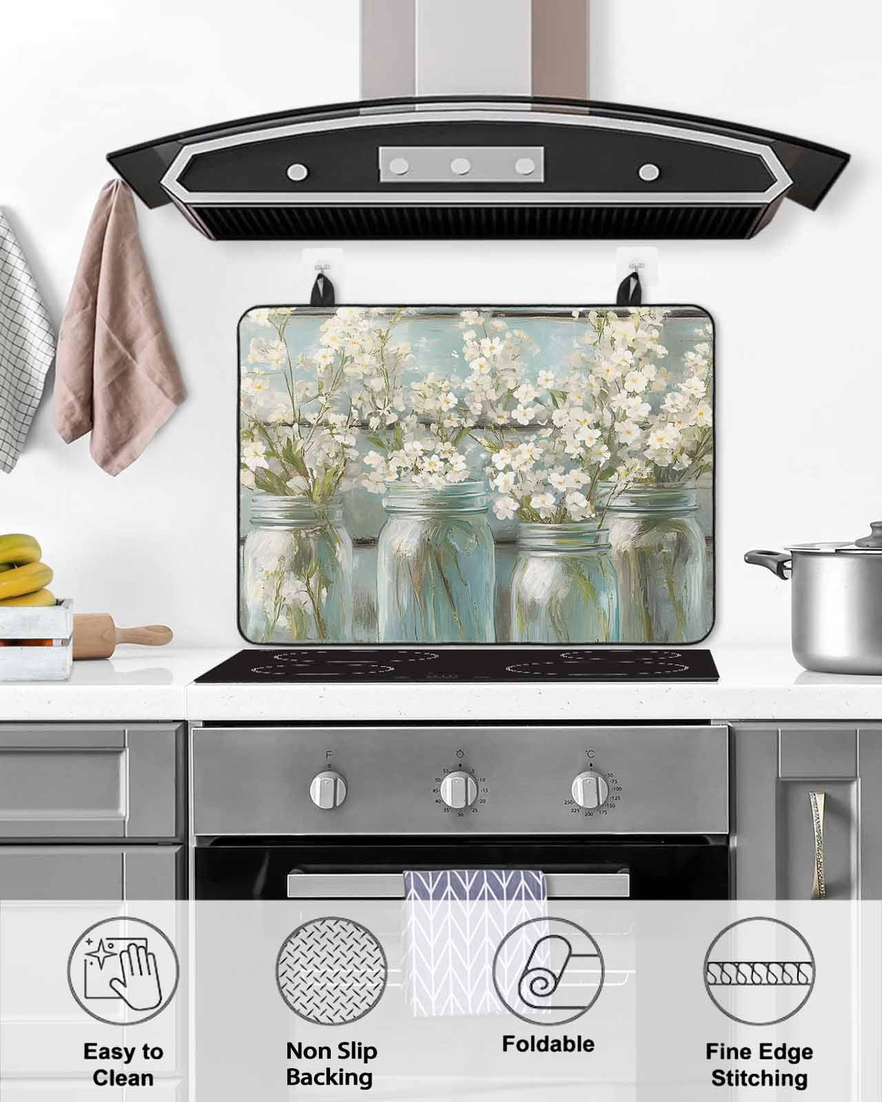 nqOlkjepod Large Induction Cooktop Protector Mat 36"x21", Retro Flower Stove Top Covers for Electric Stove, Farm Bottle Floral Modern Oil Painting Stove Burner Cover Mats, Glass Top Stove Cover