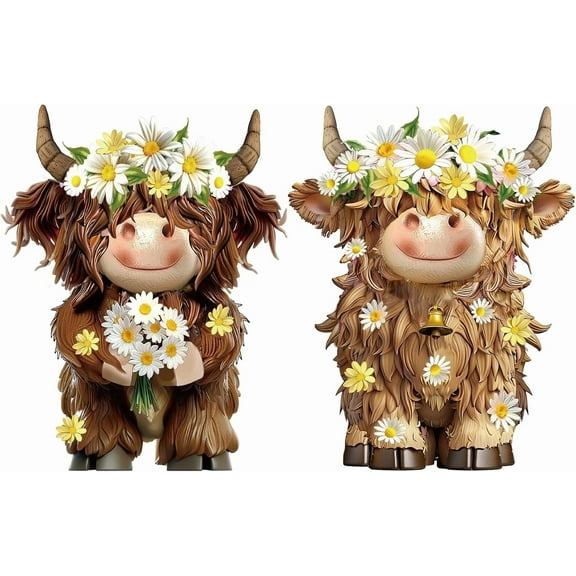 2 Pack Winter Highland Cow Figurine Decor Resin Winter Theme Highland Cow Gnomes Starfish Resin Statue for Garden Table Shelf Kitchen Home Decor Calf Gnome Herd Gifts