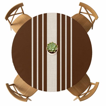 Round Fitted Tablecloth with Elastic Brown Vertical Stripes Tablecloths Waterproof Oil Proof Classic Striped Linen Table Cover for Kitchen Dinner Party Picnic Fits Tables up to 36 - 44 Diameter