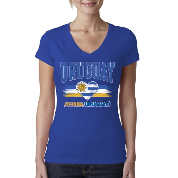 Wild Bobby Uruguay Flag Heart Arriba Uruguay Graphic | Women's Novelty T-Shirt | Soccer Football Fan Game Day Gift for Her Women Junior Fit V-Neck Tee