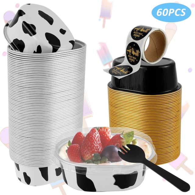 60Pcs 68ml Aluminum Foil Pans Cake Container Heat-Resistant Foil Baking Cups with Clear Lids and Spoons Mini Oval Cake Pan Reusable Small Cheesecake Muffin Pan for Cake Cheese Dessert