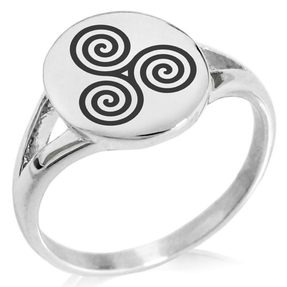 Stainless Steel Celtic Triskele Triskelion Triple Spiral Minimalist Oval Top Polished Statement Signet Ring