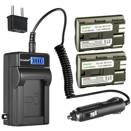 Kastar 2-Pack BP-511 Battery and LCD AC Charger Compatible with Canon DM-FV200 FV200  DM-FV300 FV300  DM-FV400 FV400  DM-FVM1 FVM1  DM-FVM10 FVM10  IXY DVM  DM-MVX1i MVX1i  DM-MVX2i MVX2i Cameras