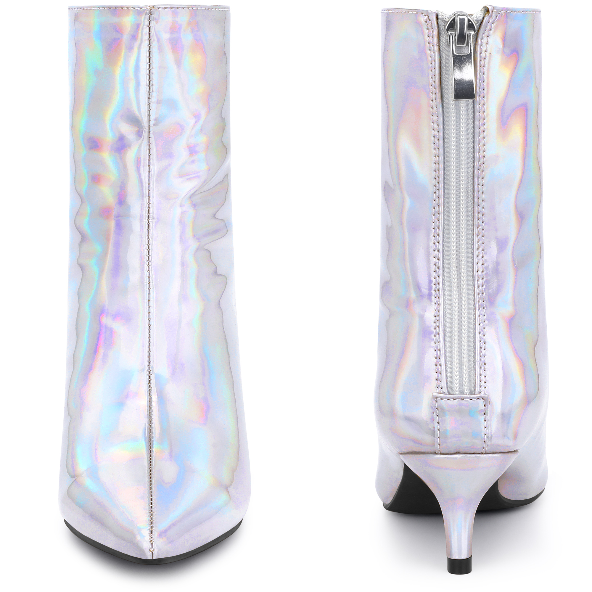 DARING DIVA Women's Shiny Kitten Low Heels Pointed Toe Ankle Boots Silver US 8.5