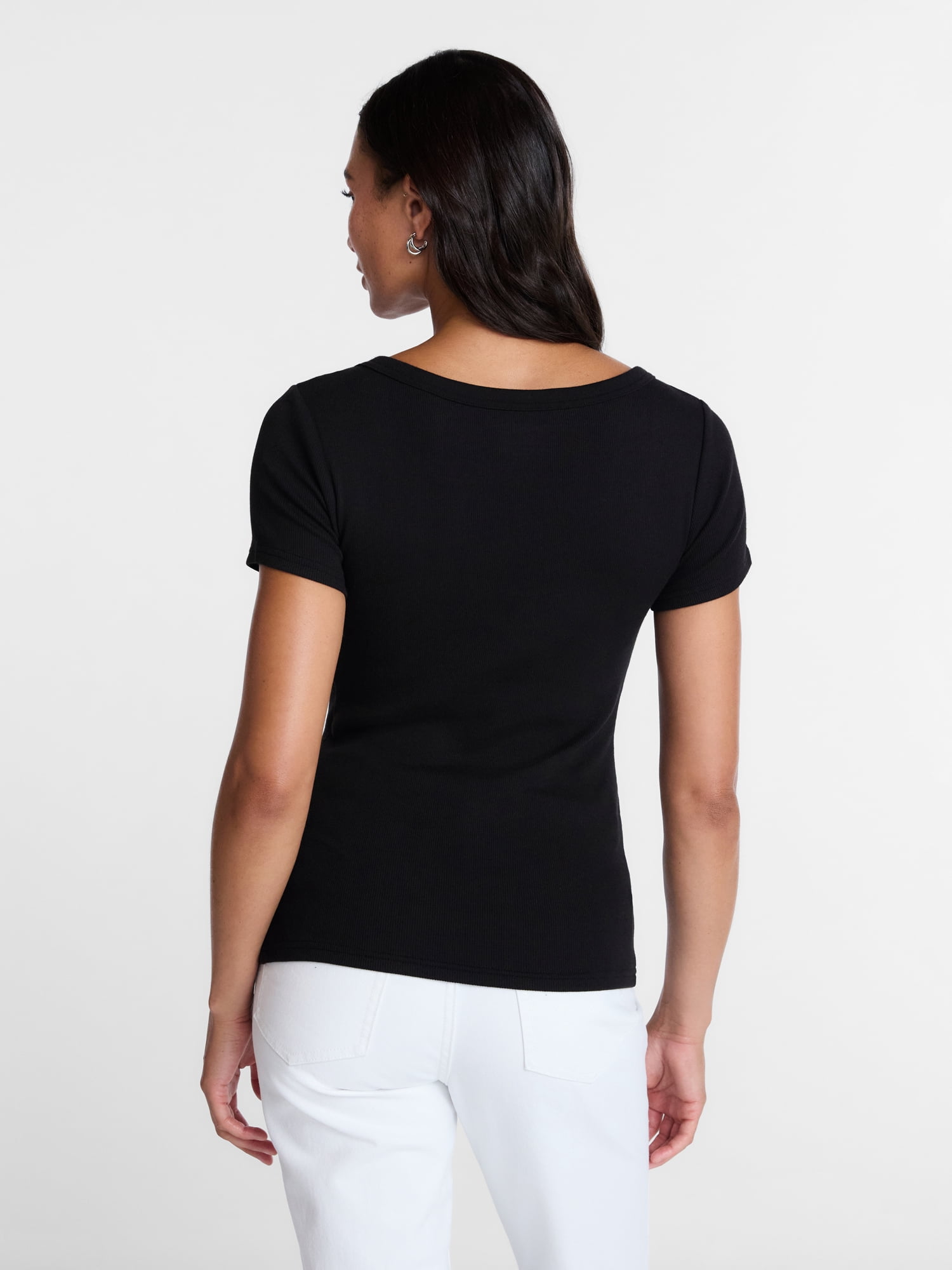 Time and Tru Women's Ribbed Scoop Neck Tee with Short Sleeves, Sizes XS-XXXL