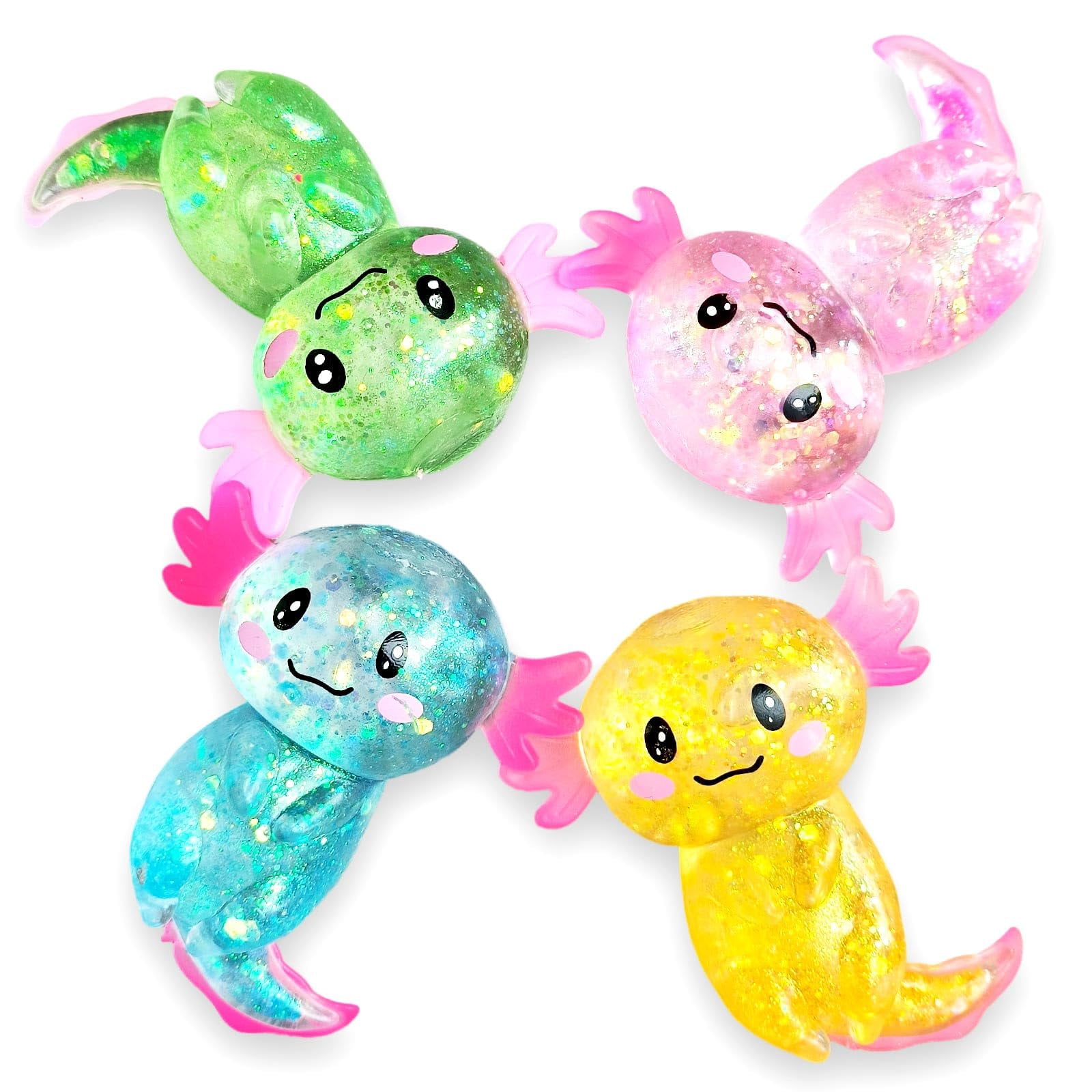 4 Pack Axolotl Squishy Stress Balls, Glitter Sensory Squeeze Fidget Toys for Adults, Cute Axolotl Gifts for Parties, Birthdays and Christmas