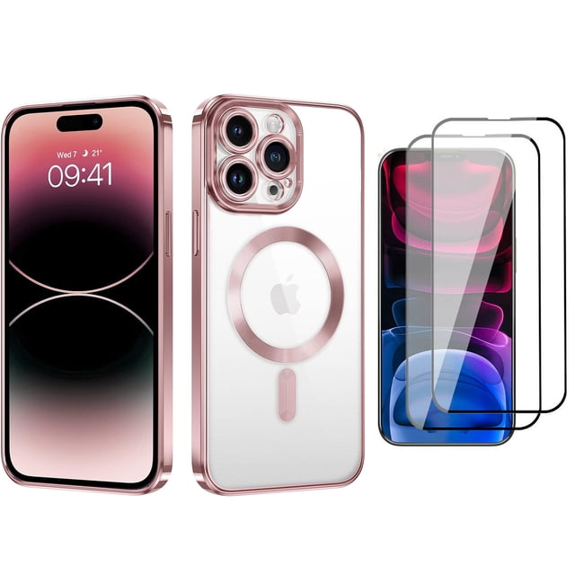 3 in 1 Magnetic Case for iPhone 14 Plus 6.7-Inch with 2 Pack Tempered Glass Screen Protectors, Compatible with , Translucent Matte Back Shockproof Phone Cover (Gold)