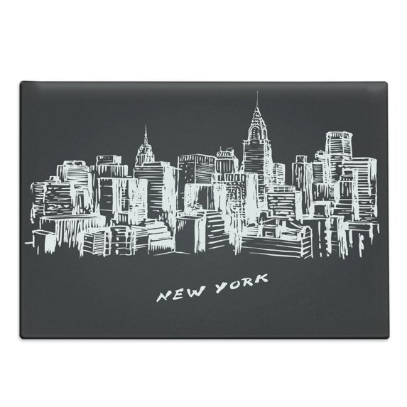 NYC Cutting Board, Modern and Metropolitan Hand Drawn City Buildings New York Calligraphy, Decorative Tempered Glass Cutting and Serving Board, in 3 Sizes, by Ambesonne