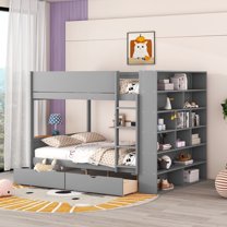 Newest Full over Full Bunk Bed With 2 Drawers and Multi-layer Cabinet, Gray