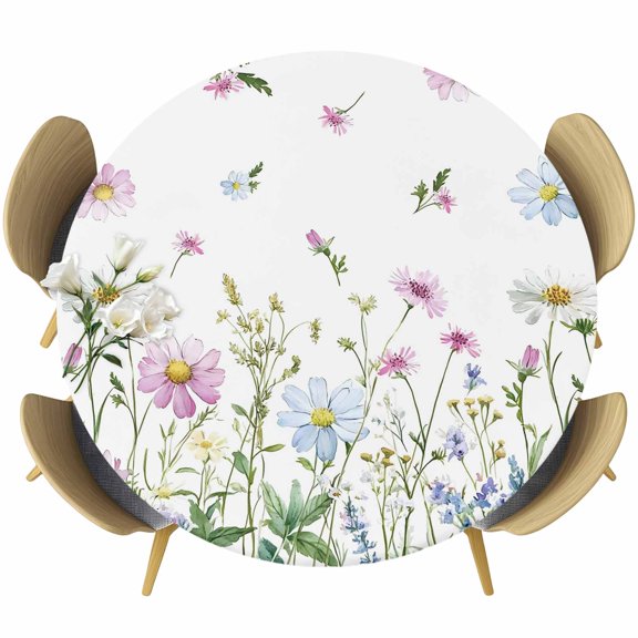 Botanical Round Tablecloth, Fitted Table Cover with Elastic for 55"-60" Round Tables, Blue Pink Daisy Floral Watercolor White Table Cloth Outdoor Indoor Dinning Party Waterproof Tablecloths