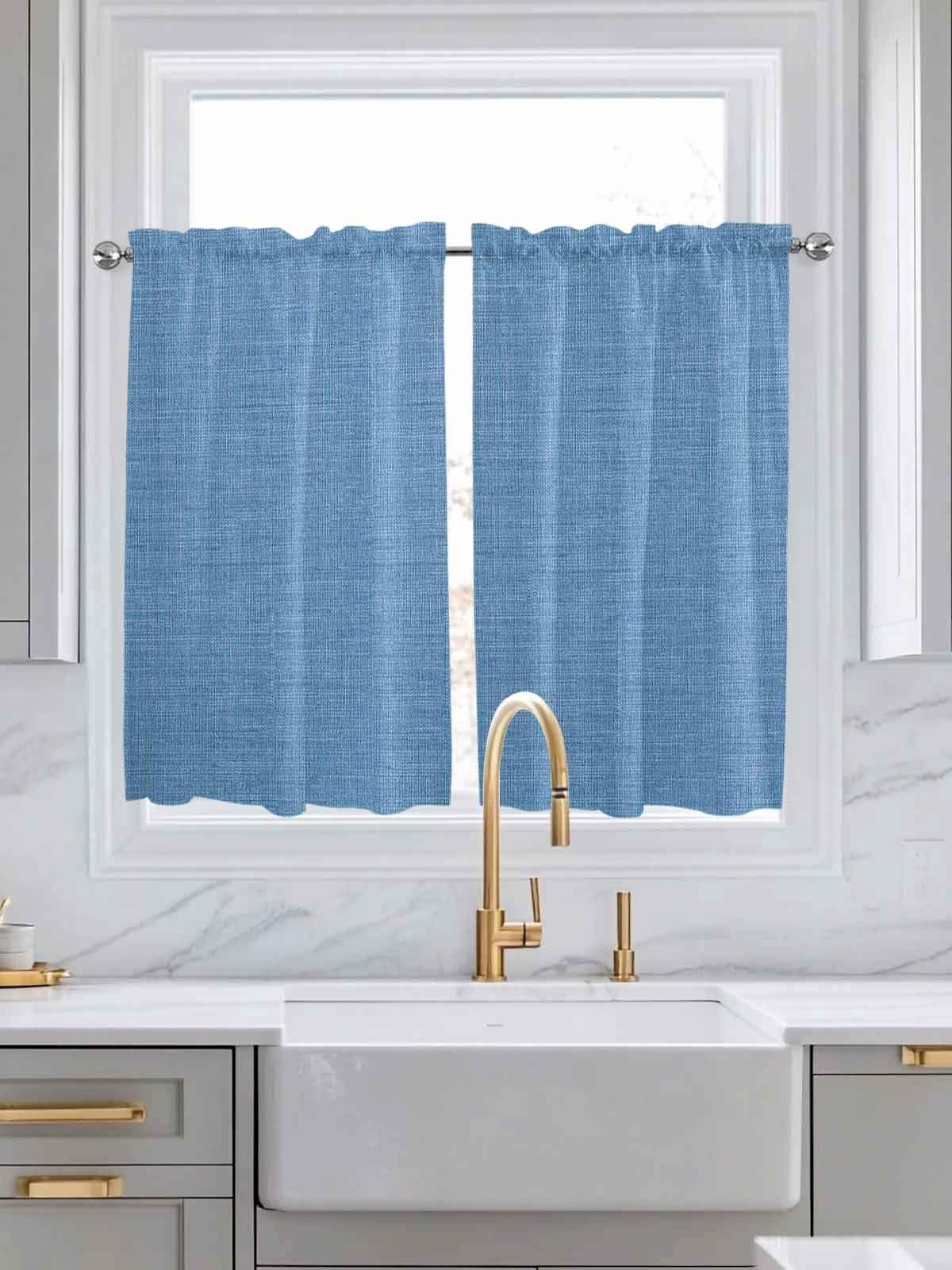Blue Tier Curtains 45 Inches Long, Farmhouse Burlap Solid Blue Color Modern Linen Texture Window Treatment Curtain Drapes, Small Curtain Drapes for Bathroom Laundry Room, 27.5"x45", 2 Panels