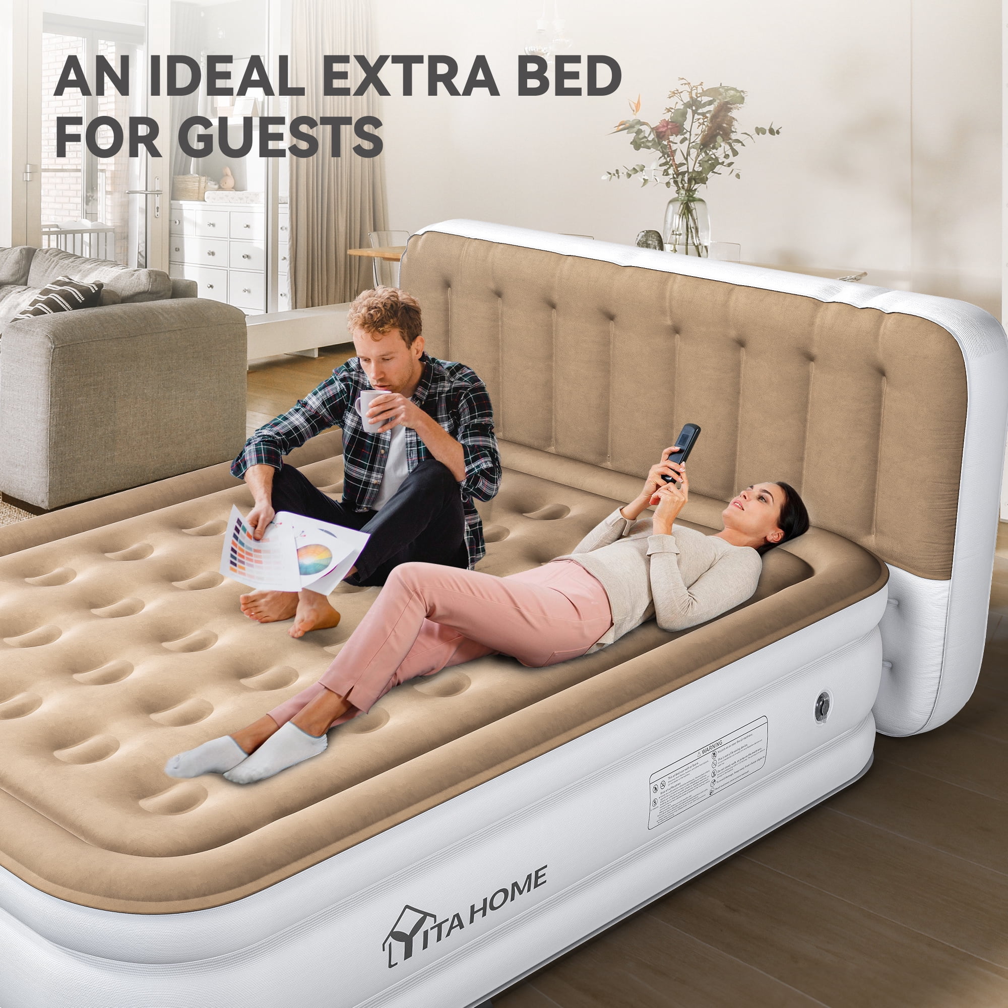 Uforic Queen Size Air Mattress with Pump and Headboard, 18in Luxury Flocked Top Blow up Mattress, Durable Inflatable Mattress for Home & Guest, Brown AirBed