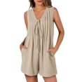 thumbnail image 1 of Womens Solid Color Rompers Summer Loose Sleeveless Pleated Tie Front V Neck Shorts Jumpsuits With Pockets, 1 of 9