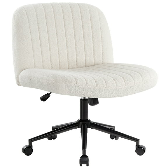 White Criss Cross Chair with Wheels, Armless Wide Seat Office Chair, Teddy Fabric,Cross Legged Desk Chair,Height Adjustable Computer Task Chair,Swivel Vanity Chair for Bedroom,Make Up,Small Space