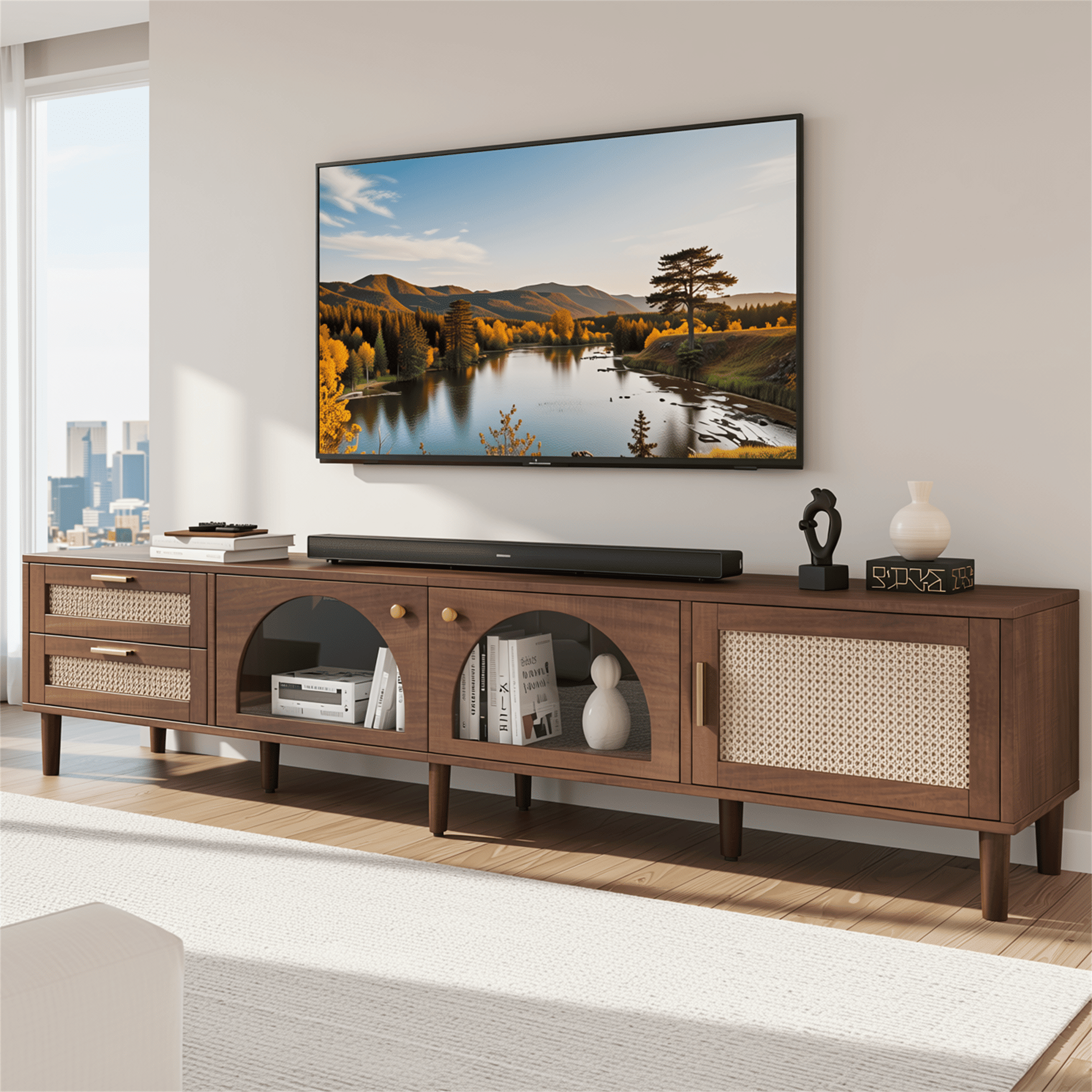 Homy Casa 86.6" Walnut TV Stand for 90" TVs with App LED Lights, 2 Glass Doors and Rattan Cabinet