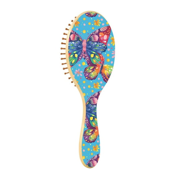 JSTEL Rainbow Butterfly Hair Brush for Women Men Natural Wood Detangler Brushes for All Hair Types Hairbrush for Wet & Dry