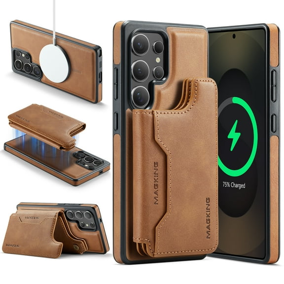 Allytechgroup 2 In 1 Wallet Phone Case for Samsung Galaxy S25 Ultra, Compatible with Magsafe RFID Blocking Cover with 7 Cards Slots Stand Protective Business Type Case for Women Men, Brown