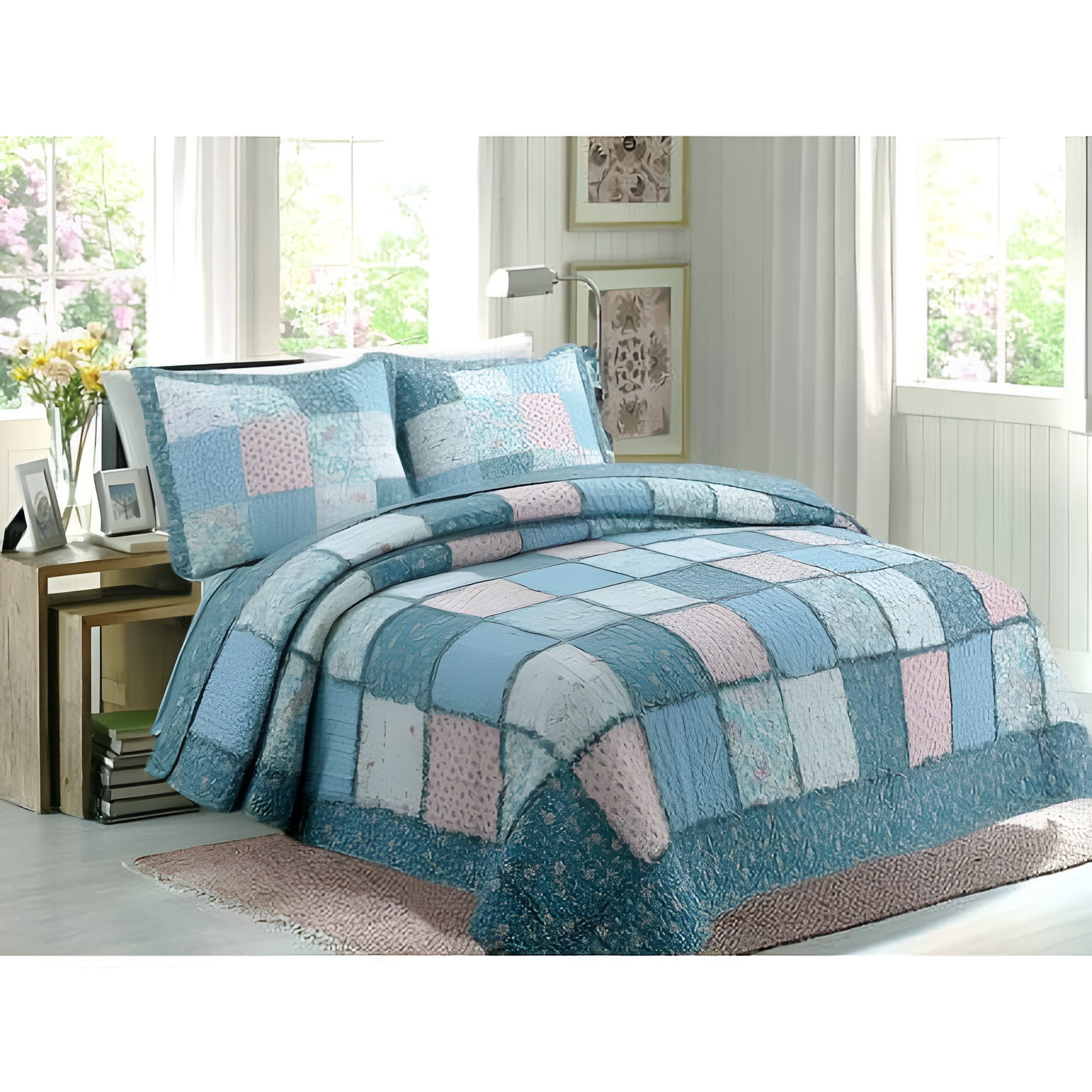 Overstock Blue Floral Patchwork Cotton Quilt, King - Reversible
