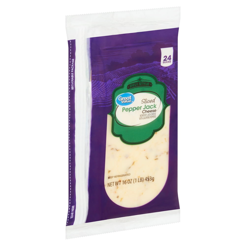 Great Value Deli Style Sliced Pepper Jack Cheese, 24 count, 16 oz